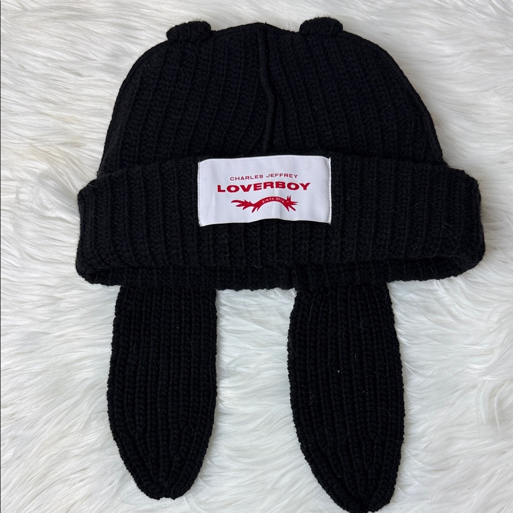 Kids Black Knit Bunny-Ear Beanie by